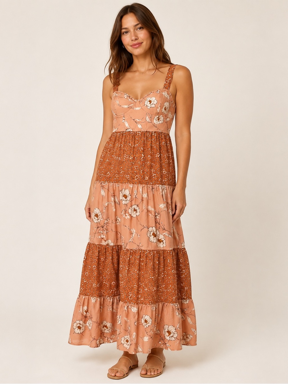 Floral Tiered Maxi Dress in Dusty Rose and Rust